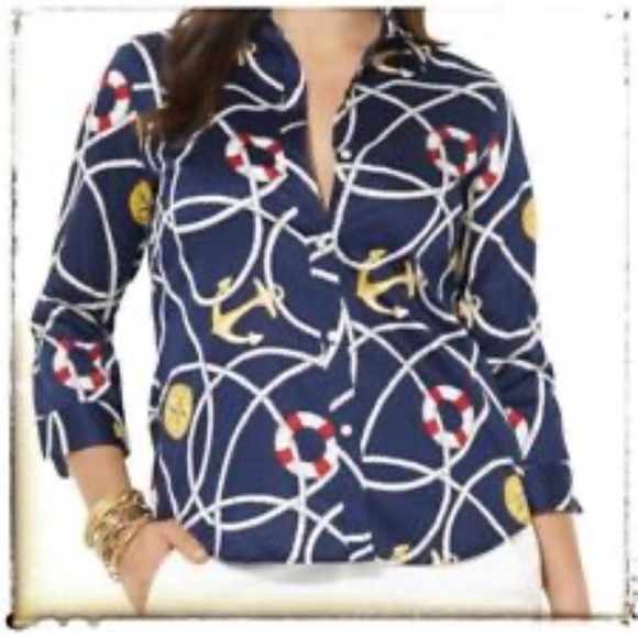 Lauren Ralph Lauren Nautical Anchor Sailing Blouse Button Down Shirt Top XS NEW - Picture 1 of 11